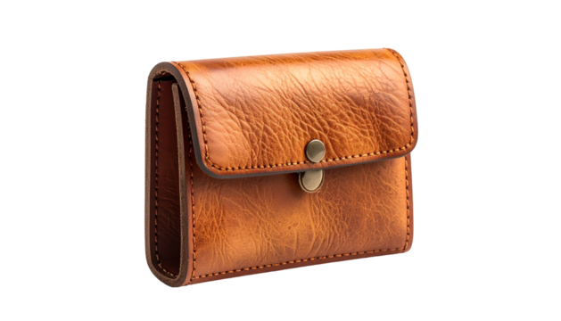 Tan leather pouch with button closure, facing right