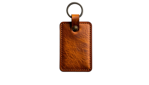 Worn brown leather key fob attached to a metal ring on black