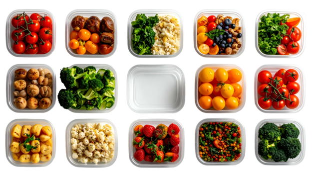 Rows of food prep containers, fruits, veggies and ready to eat