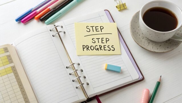 Sticky note on planner emphasizing step by step progress