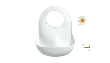 White bib with catch, next to white daisy on a black background