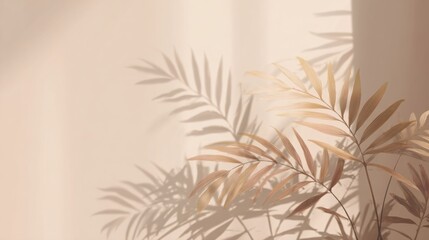 sunlight casting soft shadows of tropical leaves on light beige wall, minimal natural background with gentle gradients