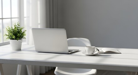 Fototapeta premium Minimalist desk setup with laptop, coffee cup, notebook, and plant by a sunlit window, creating a calm work environment.