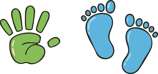 Baby's handprint and footprints in green and blue symbolize new life and beginnings on a white background, representing innocence and purity.