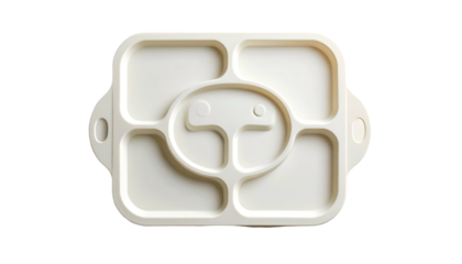 Divided white plate with central abstract face design
