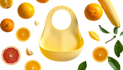 Yellow silicone bib floats amid oranges, banana, & greenery
