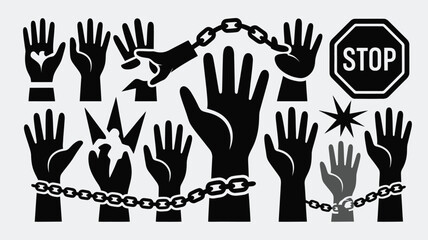 Symbolic Illustration Raised Hands, Chains, Broken Bonds, and a Stop Sign for Social Justice