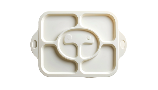 Divided white plate with central abstract face design