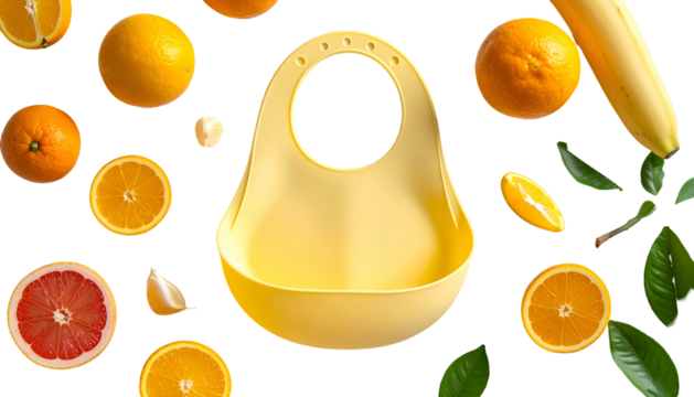 Yellow silicone bib floats amid oranges, banana, & greenery