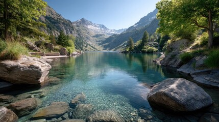 Fototapeta premium Crystal Clear Lake Reflecting Majestic Snow Capped Mountains Under a Bright Blue Sky on a Sunny Day