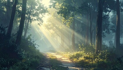 Enchanting sunlight filtering through an ancient forest canopy, illuminating a serene woodland path with ethereal golden rays, creating a truly magical and tranquil natural landscape scene