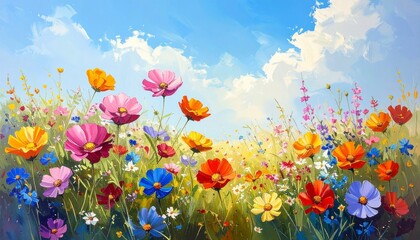 Vibrant gouache illustration of a cheerful wildflower meadow blooming under a serene blue sky, capturing the joyous essence of nature's beauty in full spring splendor