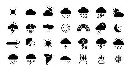 Naklejka premium Weather Forecast Icons Sun Clouds Rain Lightning Wind Moon Rainbow Tornado.