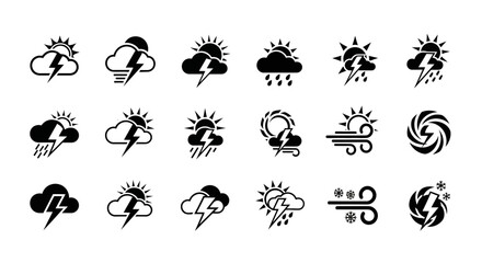 Obraz premium Weather Icons Set Sun Cloud Lightning Rain Wind Snow Hurricane Black Silhouette.