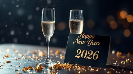 Elegant New Year 2026 Celebration Scene with Champagne Glass, Gold and Blue Bokeh Lights, Glitter Confetti, and Black Greeting Card, Symbolizing Joy, Luxury, and Festivity.