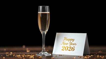 Elegant New Year 2026 Celebration Scene with Champagne Glass, Gold and Blue Bokeh Lights, Glitter Confetti, and Black Greeting Card, Symbolizing Joy, Luxury, and Festivity.
