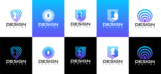 Technology cyber security keyhole shield logo set