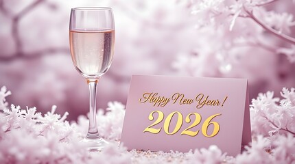 Elegant New Year 2026 Celebration Scene with Champagne Glass, Gold and Blue Bokeh Lights, Glitter Confetti, and Black Greeting Card, Symbolizing Joy, Luxury, and Festivity.