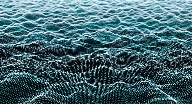 Abstract digital wave pattern with shimmering blue and green particles, creating a futuristic and dynamic visual effect.