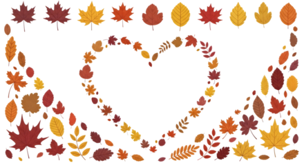 Heart shape made of autumn leaves isolated on transparent background