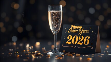 Elegant New Year 2026 Celebration Scene with Champagne Glass, Gold and Blue Bokeh Lights, Glitter Confetti, and Black Greeting Card, Symbolizing Joy, Luxury, and Festivity.