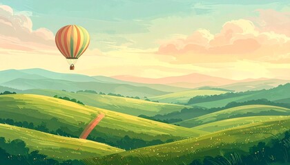 Obraz premium A whimsical hot air balloon drifts peacefully across a breathtaking landscape of lush green hills and a winding path bathed in the warm, golden glow of dawn, evoking a tranquil adventure
