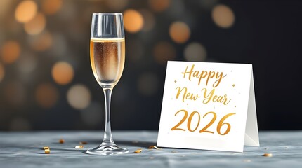 Elegant New Year 2026 Celebration Scene with Champagne Glass, Gold and Blue Bokeh Lights, Glitter Confetti, and Black Greeting Card, Symbolizing Joy, Luxury, and Festivity.