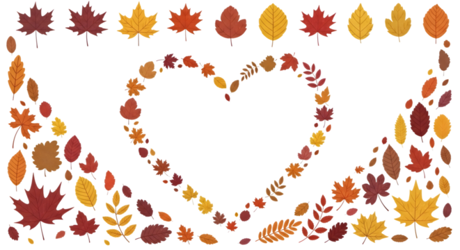 Heart shape made of autumn leaves isolated on transparent background