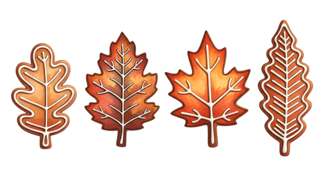 Four autumn leaf shaped gingerbread cookies decorated with white icing, isolated on transparent background
