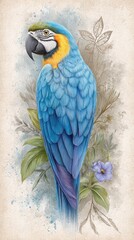 Fototapeta premium Blue and Yellow Macaw Parrot on Branch with Watercolor Leaves