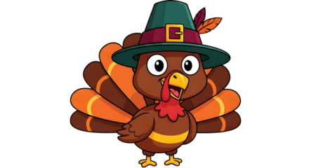Cute cartoon turkey wearing a pilgrim hat, isolated on transparent background
