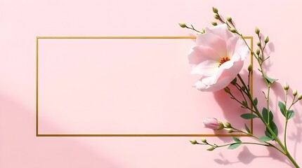 Elegant Flat Lay with Gold Frame and Pink Flowers on Soft Pastel Background, Minimalist Floral Composition for Invitations, Branding, Feminine Design, or Spring Celebration Themes.