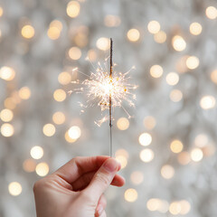 Hand holding a glowing sparkler against a blurred background of warm festive lights creating a magical atmosphere.