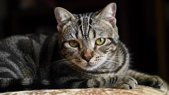 Tabby cat resting peacefully on a patterned surface, with a dark background. Great for pets