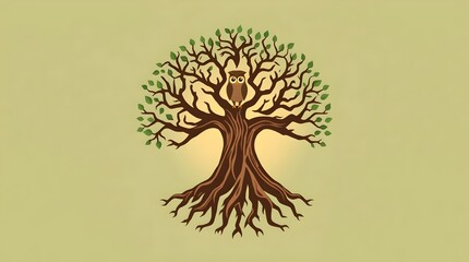 Tree of Life Illustration with Owl Symbolizing Wisdom, Growth, and Connection, Detailed Roots and Branches in Classic Nature Design Representing Knowledge, Strength, and Interconnectedness of Life.