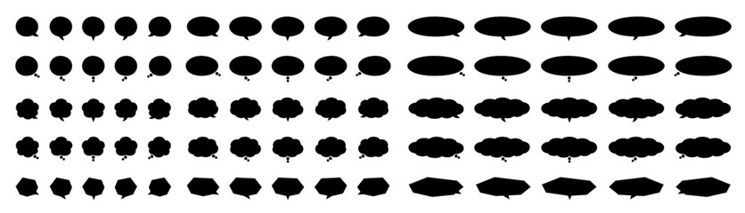 吹き出しの円形と雲と多角形の大中小サイズのバリエーションセット_黒
