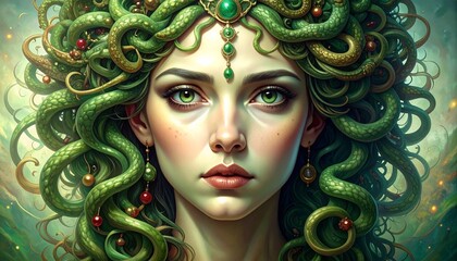 Mystical portrait of an ethereal woman with intricate green serpentine hair adorned with shimmering emerald jewels, her gaze holding ancient secrets