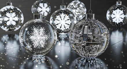 Transparent Christmas ornaments with snowflakes and circuit board designs image