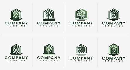Flat line building home leaf plant logo design set
