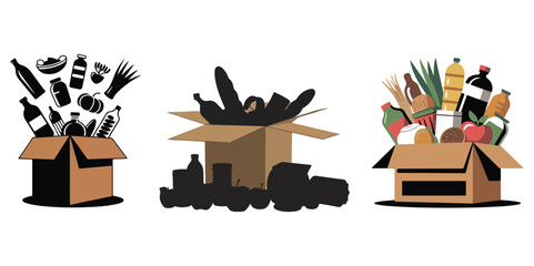 Food Donation Box Vector Set | Grocery, Charity, and Packaging Illustration Collection.
