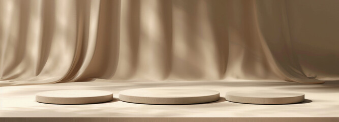 Elegant Stage for Presentation: A captivating visual of three circular platforms arranged, set before a gently draped curtain of soft, neutral-toned fabric, ideal for product presentations.