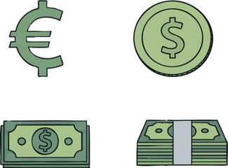Euro symbol, dollar coin, and stacks of dollar bills represent wealth and financial success on a white surface, conveying prosperity and abundance.