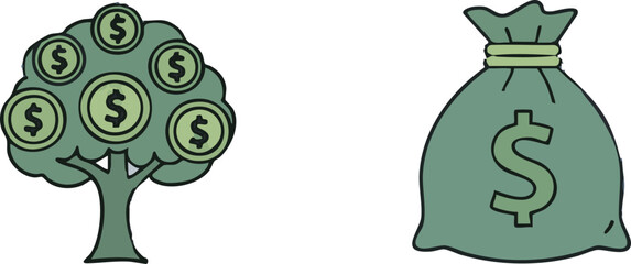 Money tree grows beside a bag of dollars, symbolizing financial growth and investment opportunities in a simple, cartoonish style.