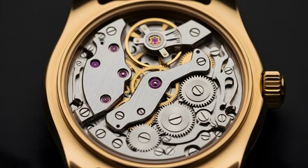 Close up studio photo of the contents inside a gold colored watch frame with a black background