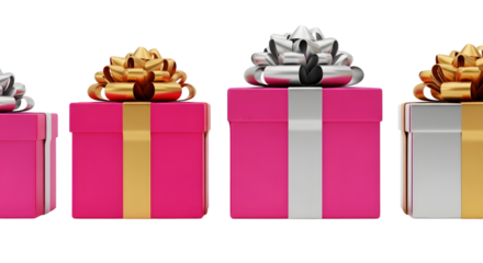 A row of vibrant pink gift boxes with gold and silver ribbons, isolated on a transparent background