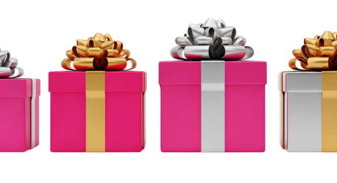 A row of vibrant pink gift boxes with gold and silver ribbons, isolated on a transparent background