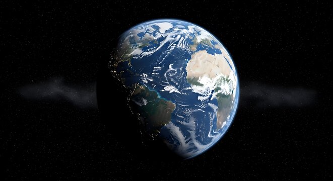 Photo of the earth in outer space daytime clearly round completely intact with a black galaxy background