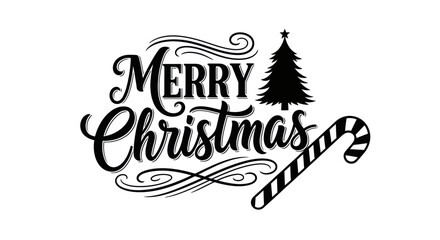 Obraz premium Elegant 'Merry Christmas' greeting in black calligraphic script with a festive tree and candy cane.