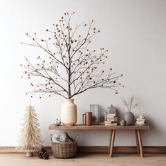 Minimalist autumn home decor featuring a branch arrangement and cozy textures creates a warm inviting atmosphere.