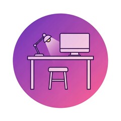 Modern office desk illustration with computer lamp and chair in circle